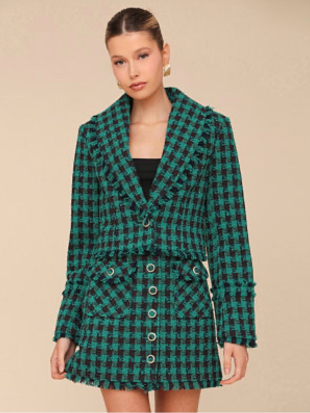 Avec Les Filles Tweed Plaid Fringe Cropped Jacket and Mini Skirt Set Size M -NWT - Picture 2 of 12